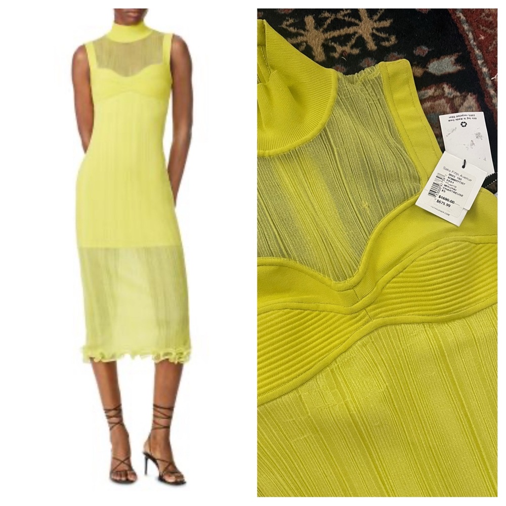 NWT Herve Leger chartreuse bandage midi mini mock neck dress gown sheer XS- Flaw